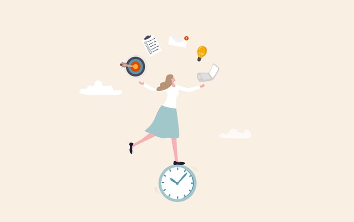 Illustration of a woman juggling a laptop, lightbulb, email, checklist, and bulls eye.